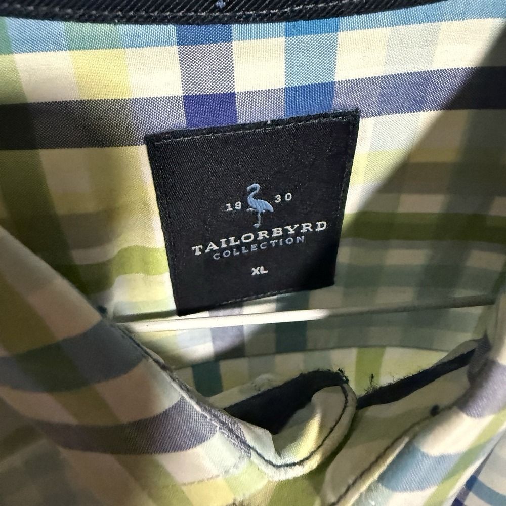 TAILORBYRD Men's XL Green/Blue Plaid Cotton Dress Shirt Spread Collar Button - Picture 5 of 6